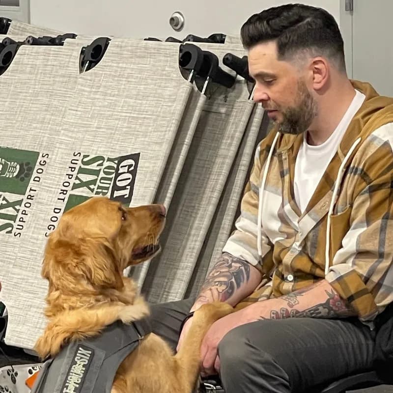 Golden retriever service dog in a Got Your Six vest resting its paws on a veteran’s knee