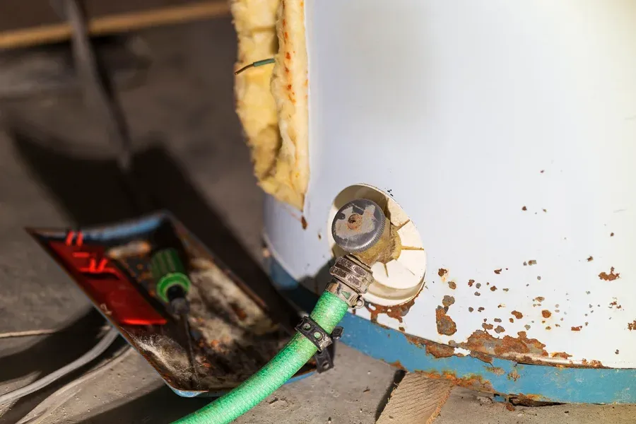 Rusty corroded water heater base with leaking drain valve needing replacement, call Embrich Plumbing for water heater repair or replacement