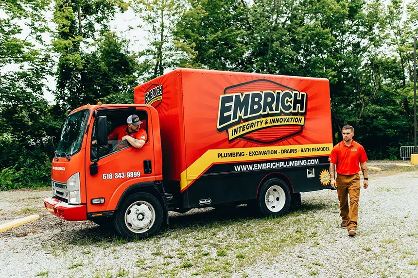 Embrich Plumbing, Heating & Air Conditioning service truck parked and ready for residential plumbing repair in Collinsville